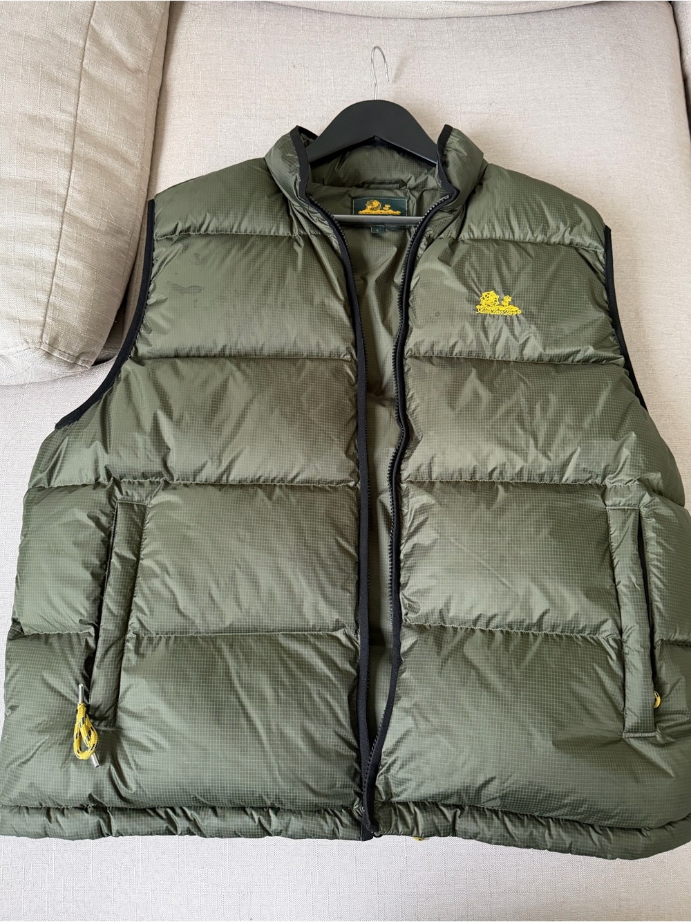 Aime Leon Dore Olive Green Quilted Puffer Vest with Yellow Logo